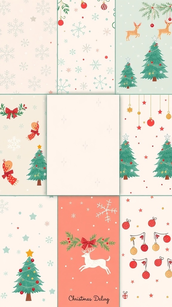 Cute Aesthetic Christmas Wallpapers for iPad A collection of cute Christmas-themed wallpapers for iPad, featuring snowflakes, Christmas trees, and ornaments in pastel colors.